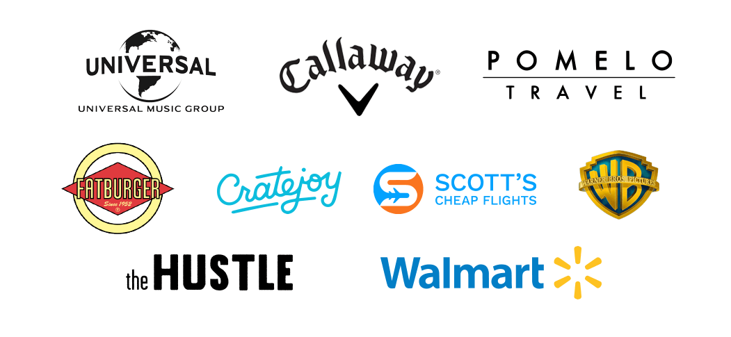 Logos from several companies that use VYPER, including Universal Music Group, Callaway, Pomelo Travel, Fatburger, Cratejoy, Scott's Cheap Flights, Warner Bros, theHustle, and Wal Mart