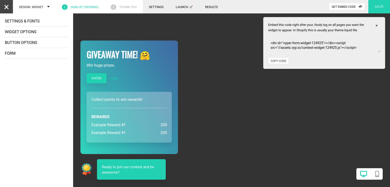VYPER giveaway Pop-up widget editor