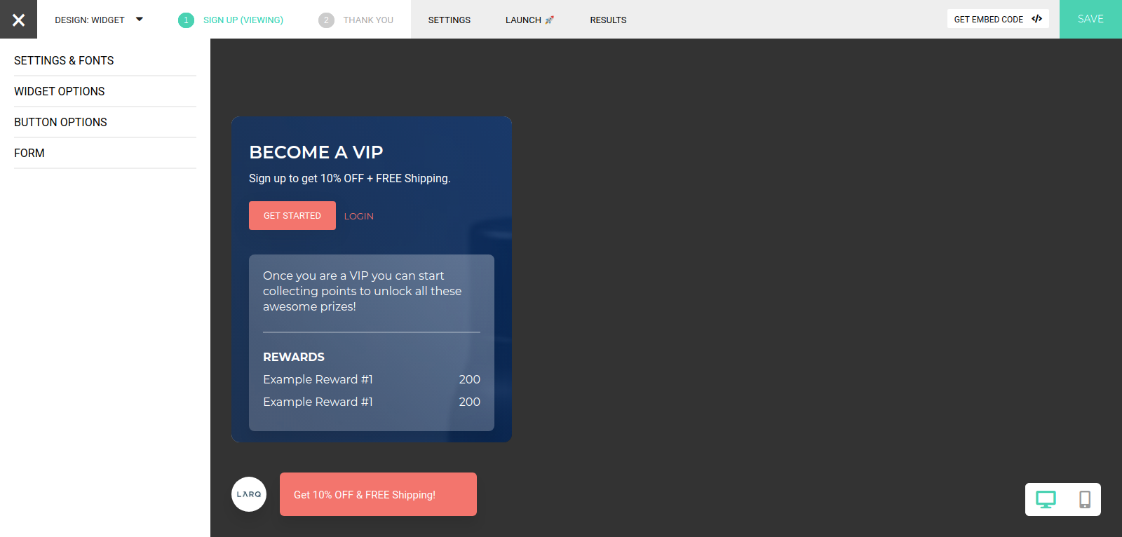 VYPER Larq Rewards Demo pop up widget