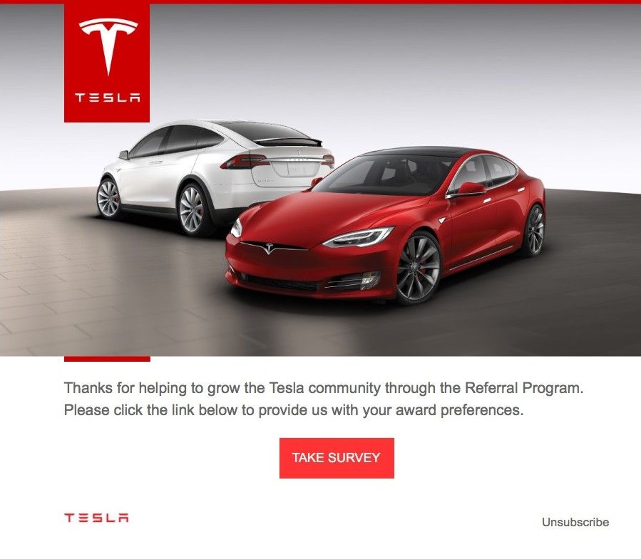 Tesla Referral Program Award Email.