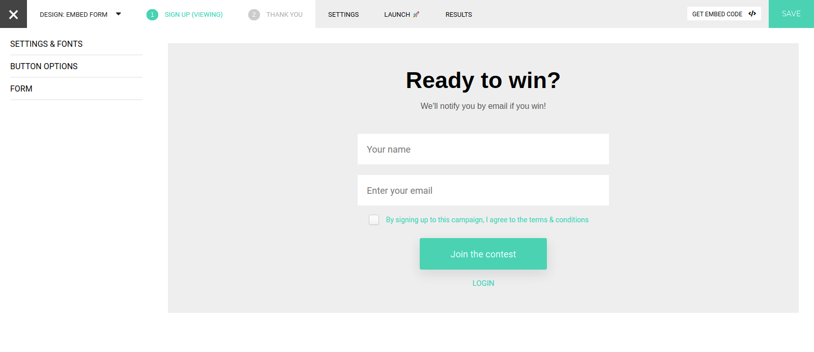 VYPER giveaway form editor