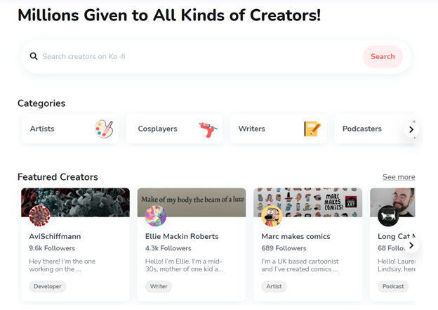 Ko-fi Creator Categories