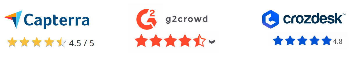 我们的Capterra（4.5），G2Crowd（4.5）和Crozdesk（4.8）的评分